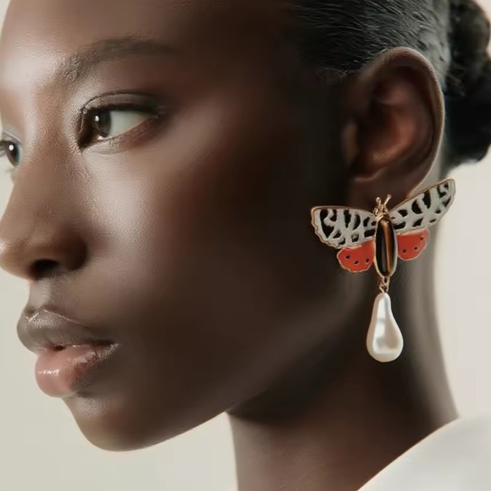 Zara Red and Gold Butterfly Pearl Earrings